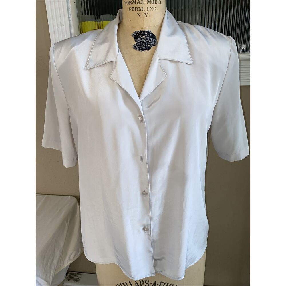 80s Vtg Anna Kriste Secretary Blouse Shirt Sz 12 Light Gray Button Up Shirt